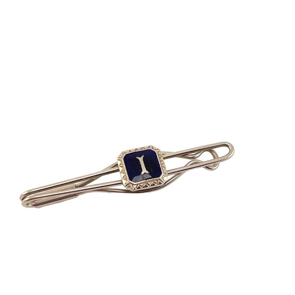 Initial I Tie Clip Blue Enamel Silver Tone Tie Clip Vintage - Picture 5 of 8
